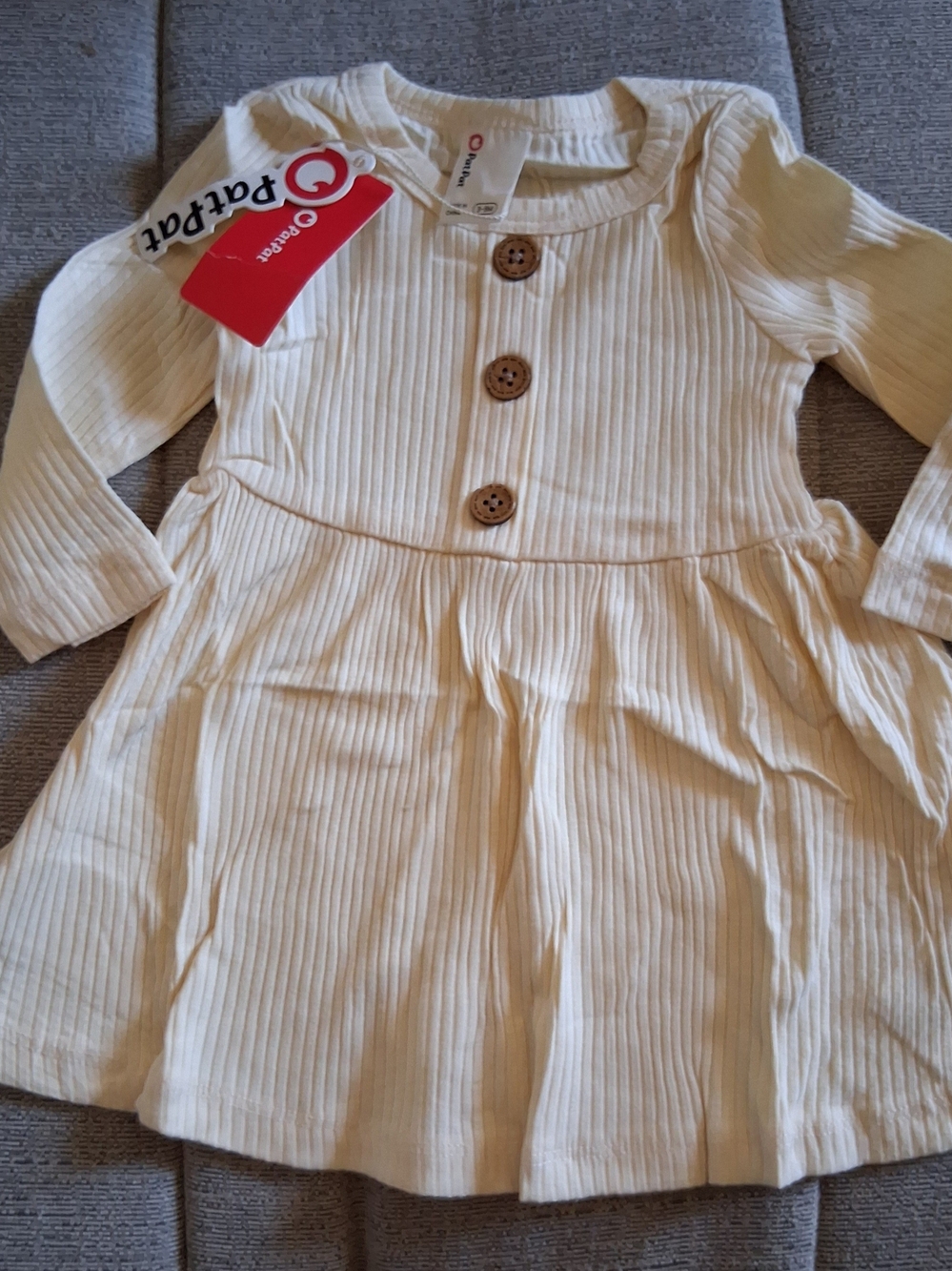 PatPat Cream Ribbed Long Sleeve Dress with Wooden Buttons Sz 3-6M